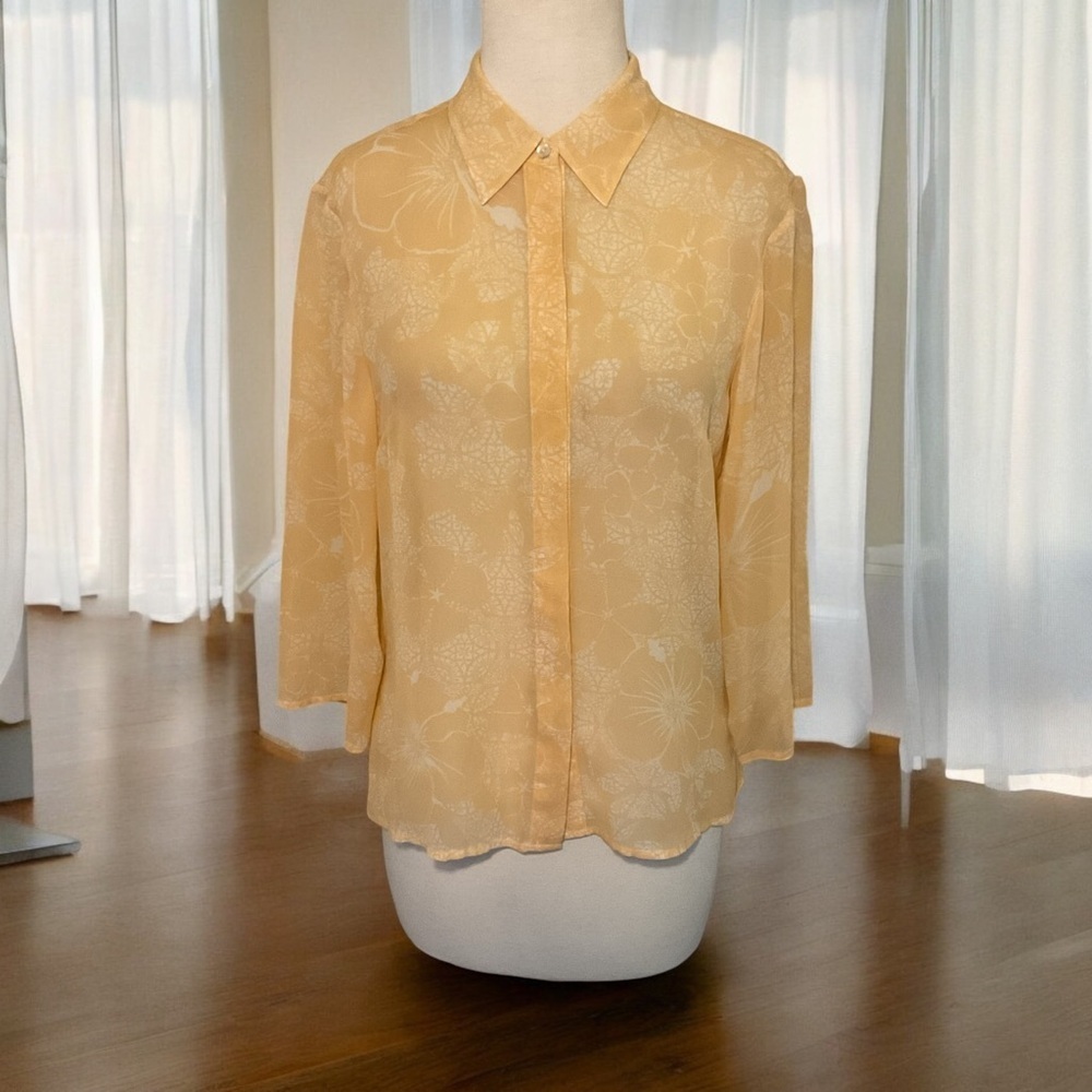 Tommy Bahama Vintage Sheer Yellow Print Silk Blouse Size 6
